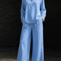Women 2‑Piece Matching Outfit Long Sleeve Button Shirt High Waist Wide Leg Pant Loose Vacation Street Daily Wear Suit For Ladies