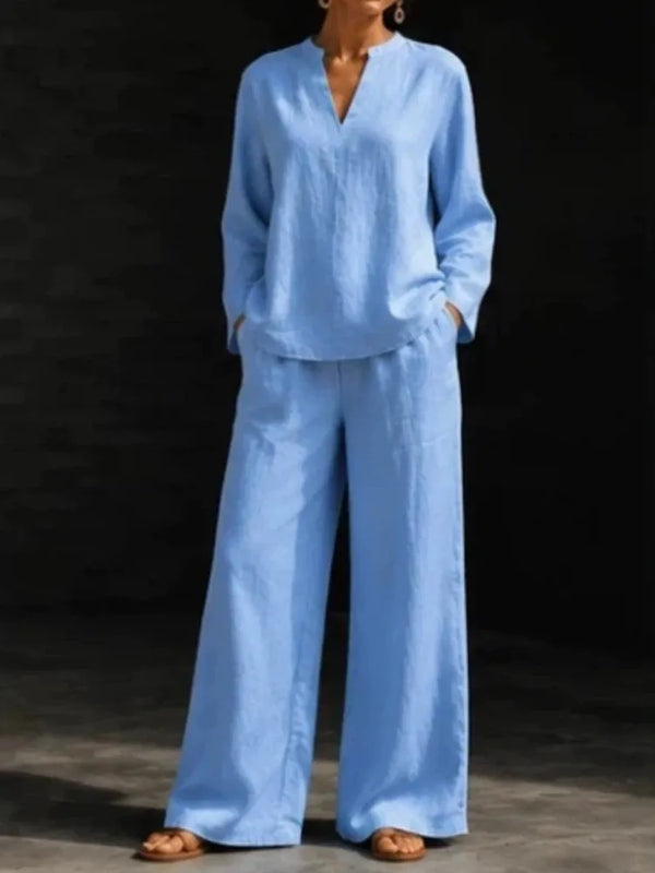 Women 2‑Piece Matching Outfit Long Sleeve Button Shirt High Waist Wide Leg Pant Loose Vacation Street Daily Wear Suit For Ladies