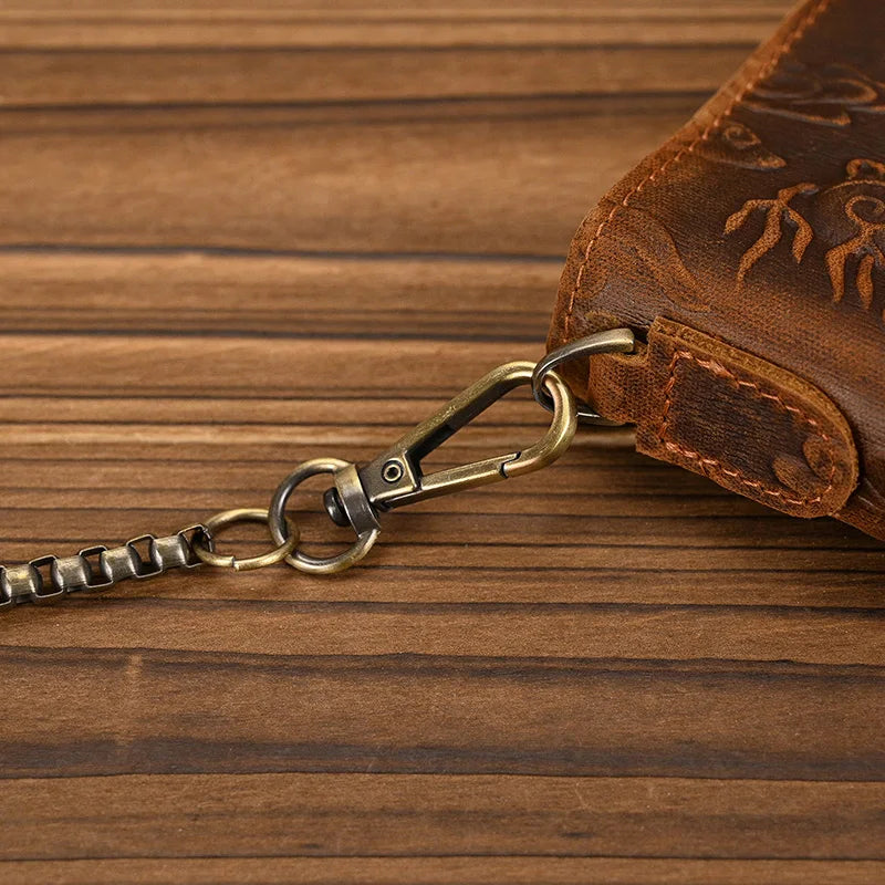 Men's Vintage Crazy Horse Leather Chain Wallet Genuine Leather Bifold Long Wallet Snap Card Holder Purse Zipper Coin Rfid Pocket