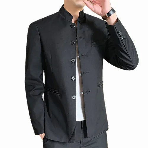 Black Stand-up Collar Men Retro Suit Jacket, Asian Size Slim-fit Blazer Coat, Single-Breasted Long-Sleeved Overcoat M-5XL