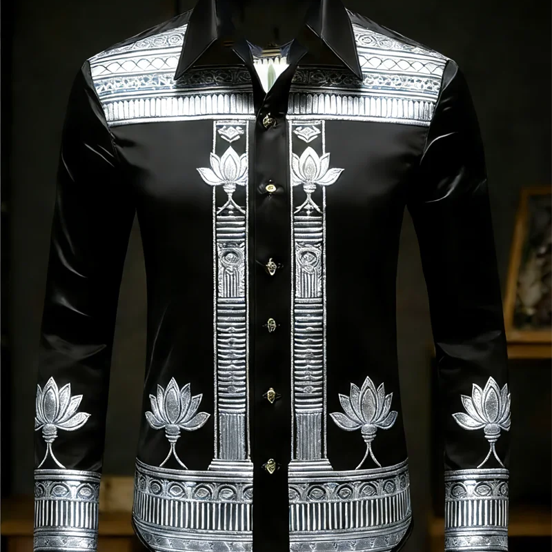 New men's long sleeved shirt with gold lotus 3D printed | SAMAG