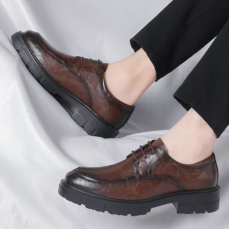 Men's Business High Heeled Leather Shoes Casual Thick Sole 10cm Height Increasing Hand Painted Pattern Trendy Formal Dress Shoes