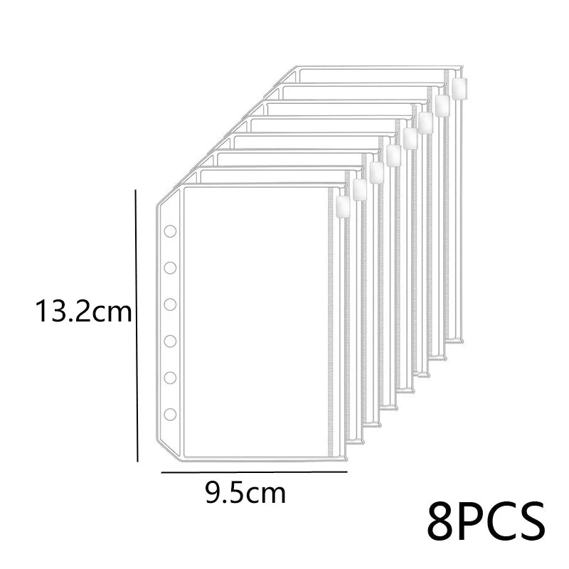 ♥8Pcs Clear A5 A6 A7 Binder Pockets Clear Zipper Folders For 6-Ring Notebook Binder Files Reports Binder