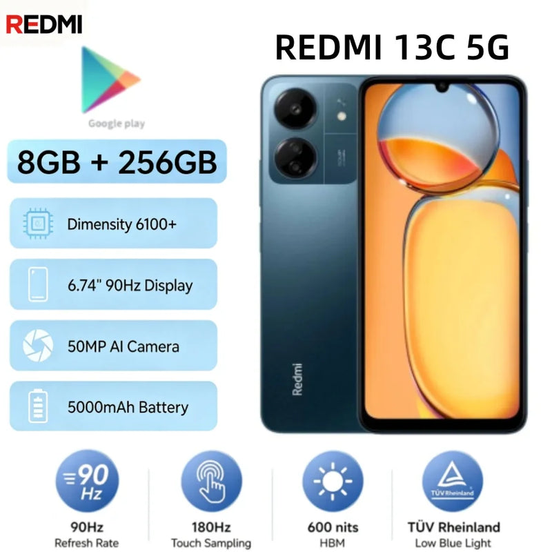 Redmi 13C 5G Smartphone 8GB+256GB, Dimensity 6100+, 6.74'' 90Hz Display, 50MP AI Camera, 5000mAh Battery, Dual SIM Phone