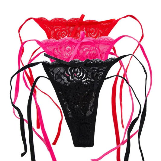 1 Pcs Sexy G-string Thongs Women Panties Floral Sheer Underwear Soft Side Tie Lingerie Briefs Lace Transparent Thong Panties