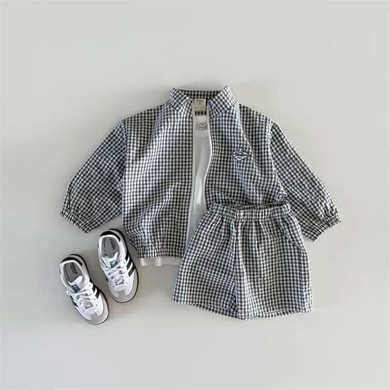 TZ2624 Summer Plaid Stand Collar Jacket And Shorts Set - View 4 | SAMAG