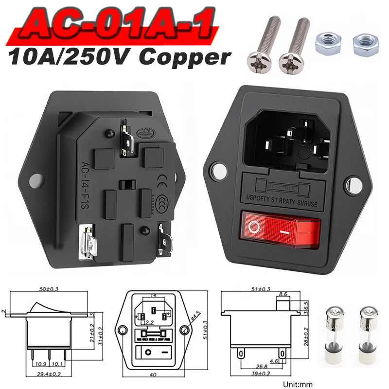 IEC 320 C13 C14 AC Inlet Power Plug Socket 250V 10A Fuse Red Lamp Rocker Switch Rewirable 3Pin Electrical Male Female Connector