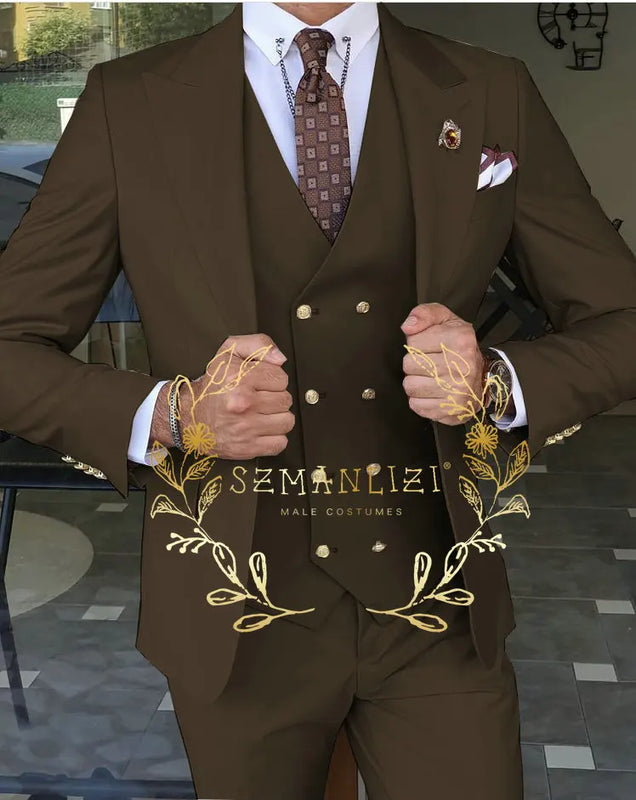 Beige Business Suits For Men Tuxedos Gold Buttons Groom Groomsman Prom Wedding Party Formal 3 Pieces Sets - View 17 | SAMAG
