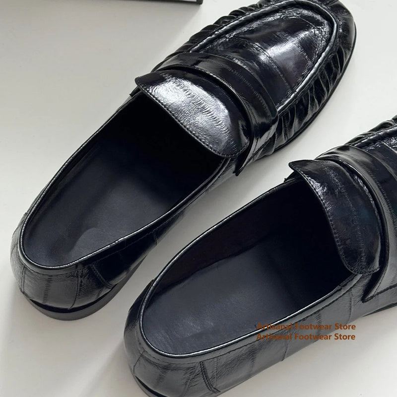 Men's Black Sin Ruched Loafers Soft Leather Soft Sole Slip On Single Shoes Casual Shoes Trendy Luxury Handmade Men's Shoes ﻿