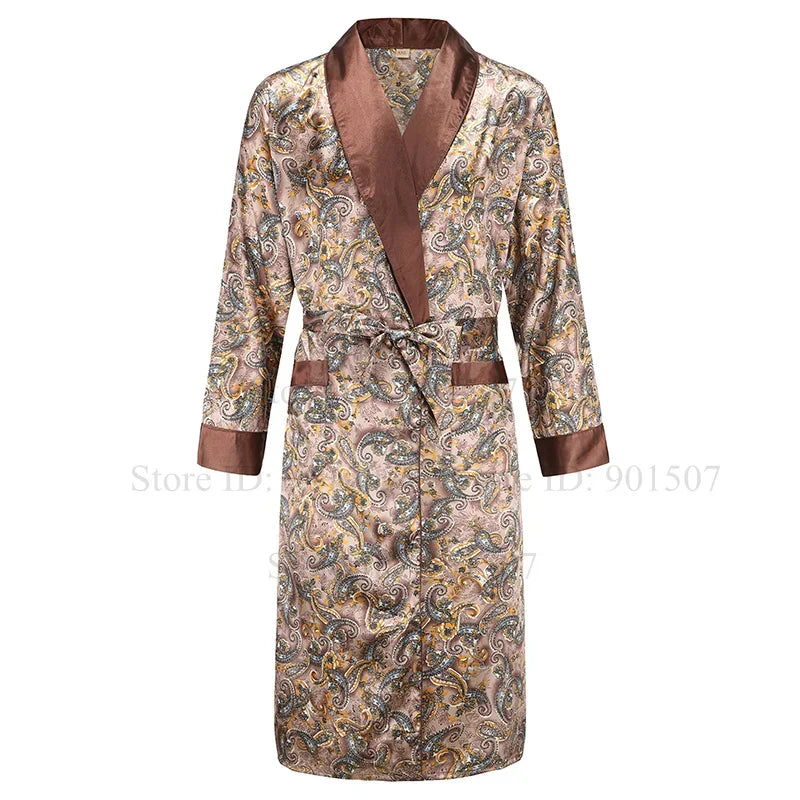 Ice Silk Robe Loose Nightwear Loungewear Male Casual Home Clothes Print Shirt&pants Summer Autumn New Bathrobe with Pocket