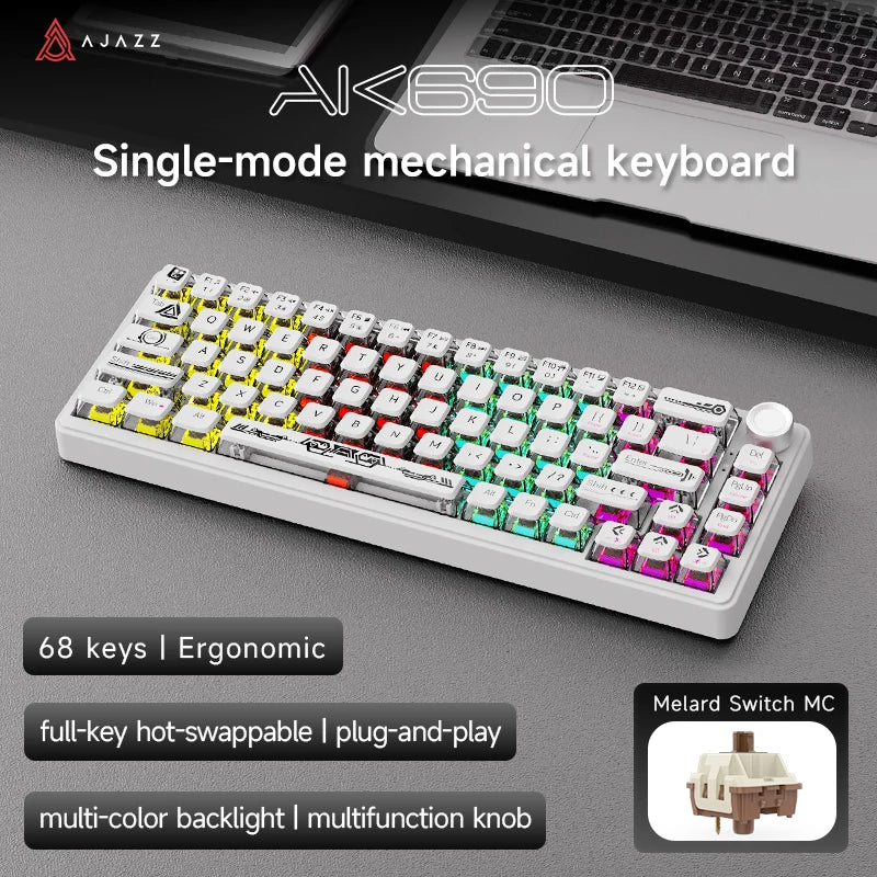 AJAZZ AK690 65% Mechanical Keyboard Wired USB Plug and Play Full-key Hot-Swap Mixed Light 68 Keys Gaming Keyboard for Laptop PC