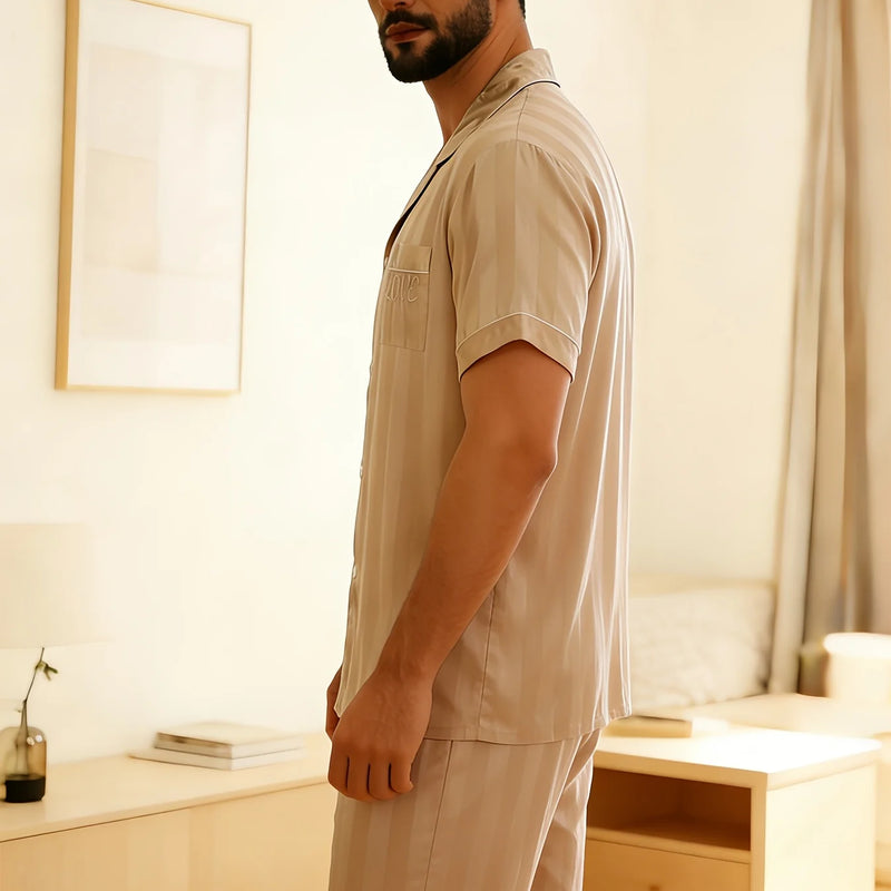 Men'S Striped Set Short Sleeve + Shorts | Soft and Cool, Embroidered "LOVE" Design, Casual Style for Spring/Summer/Fall