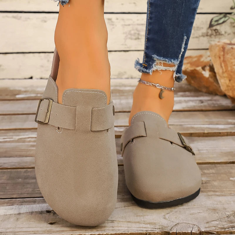 Fashion Gold Woven Buckle Clogs for Women 2026 Summer Closed Toe Cork Sole Mule Shoes Woman Non-slip Flat Heels Half Slippers