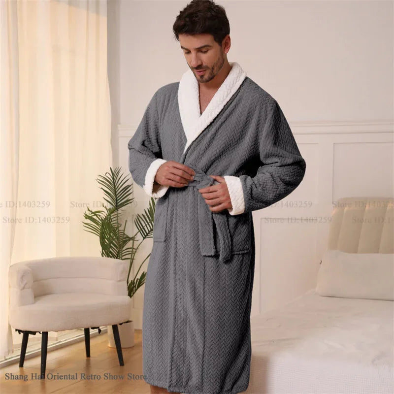 Autumn Winter Men's Robe Thicken Flannel Long Bathrobe Kimono Gown Loose Casual Male Sleepwear Home Clothes Coral Fleece Pajama