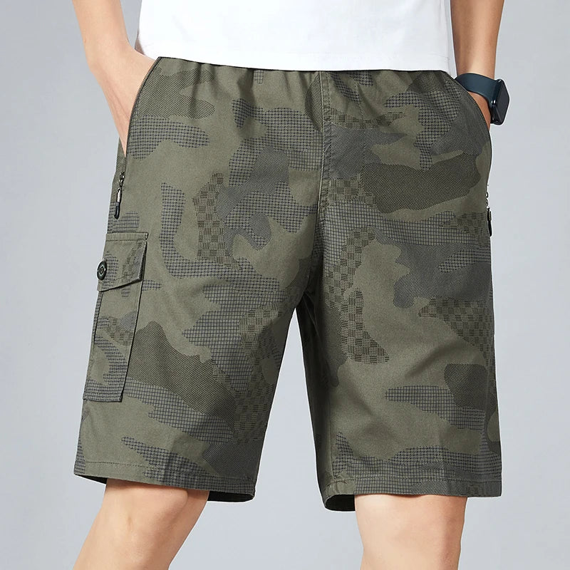 Men's Camo Shorts Elastic Waistband Casual Cargo Hiking | SAMAG