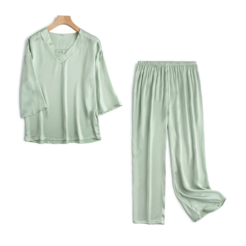 Women 100% Pure Mulberry Silk Charmeuse Silk V Neck Pajama Set Casual Loose Sleepwear Nightwear L XL SQ001