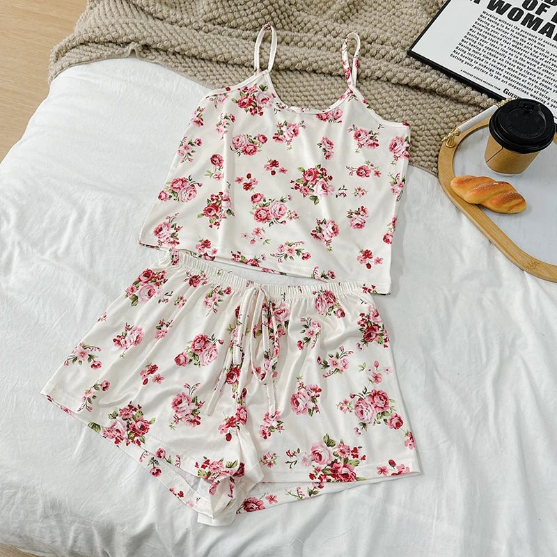FINETOO 2Pcs Satin Pajama Set for Women Sleepwear Sexy Strap Vest Top Shorts Nightwear Pijamas Sexy Sleep Shorts Set Sleepwear
