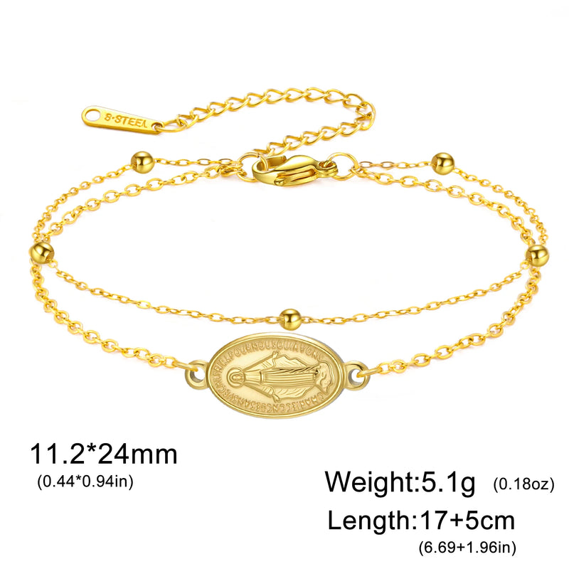 Lucktune Virgin Mary Pendant Bracelet Stainless Steel Cross Women's Red Bracelet Rouge Gold Color Jewelry Religious Amulet Gifts