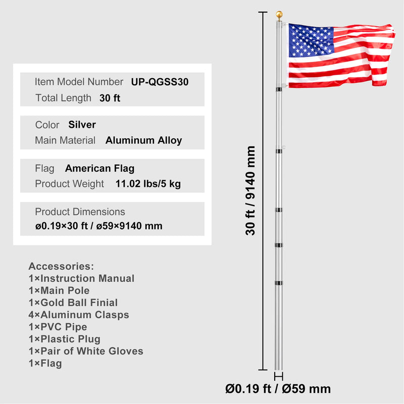 VEVOR 16/20/25/30ft Flag Pole for Outside House In Ground Thick Aluminum Flagpole Kit with 3x5American Flag for Yard Residential