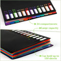 A4 expandable file folder with 12 compartments and 24 pockets, for organizing and storing documents and office supplies.