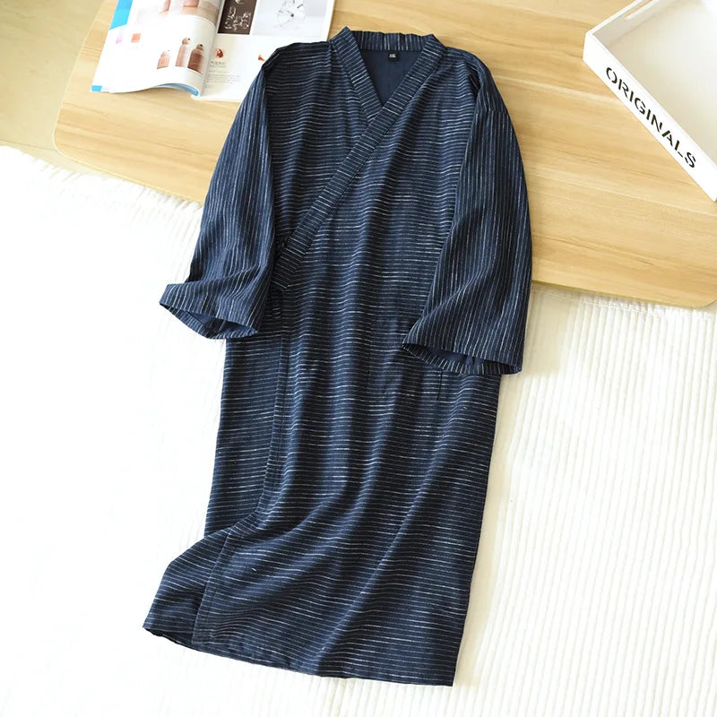 Spring And Summer New Style Japanese Kimono Men's Bathrobe 100%Cotton Striped Nightgown Plus Size Yukata Home Sweat Steaming Set