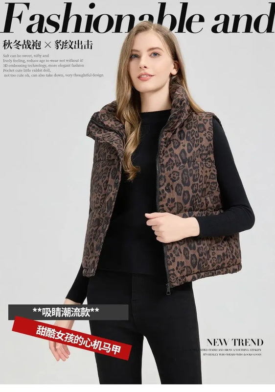 Leopard Women's Autumn Winter Sleeveless Parkas Jacket 2025 Woman Mandarin Collar Cotton Padded Vest Korean Style Waistcoat
