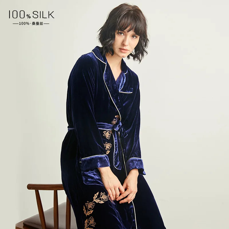 19 Momme Heavyweight Silk Long Robe for Women 100% Mulberry Silk Velvet Long Sleeve Bathrobe Thickened Warm Kimono for Winter PJ