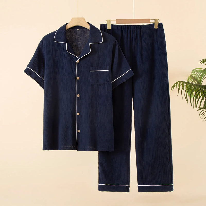 Sleepwear Pajama Male Pajamas Summer Men's Pure Cotton Set Short-sleeved  Long Pants Japanese-style Home Wear Large Size Casual