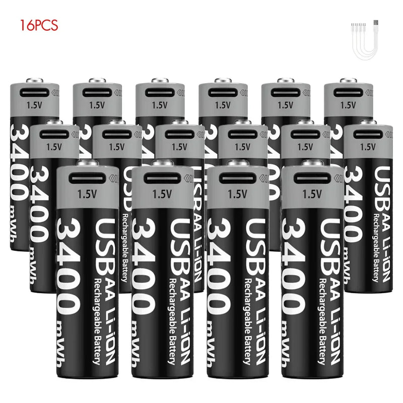 1.5V AA 3400mAh USB Type-C Rechargeable Lithium Battery for Hunting Camera Remote Control Mouse Smart Door Lock Microphone