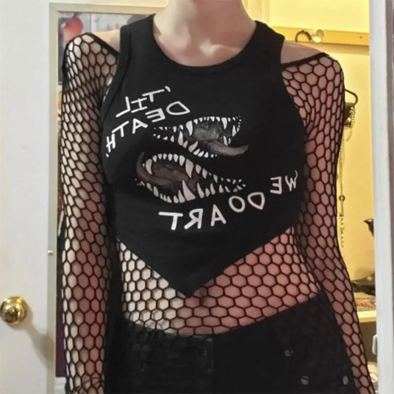 Sexy Hollow Out Mesh T-Shirt Female Skinny Crop Top Fashion Summer Basic Tops for Women Fishnet Shirt