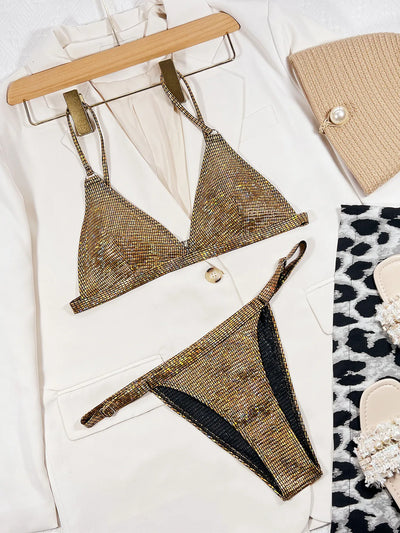 Sexy Glitter Gold Sequine Metal Ring Bikinis Sets Two | SAMAG