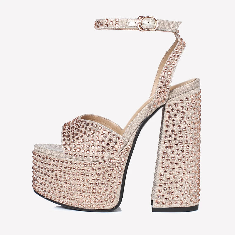 Arden Furtado Women's Summer Sandals Round Toe Waterproof Platform Super High Heel Crystal Embellished Dinner Word-Cingulate Lar