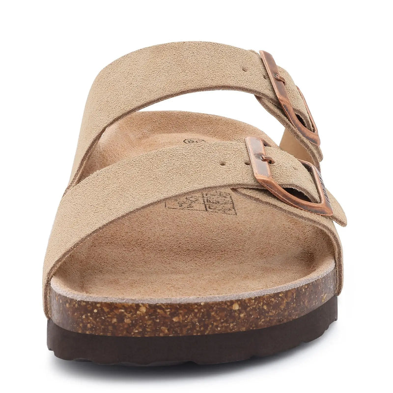 Evshine Leather Cork Footed Clogs Sandals For Women Fashion Flat Mules Slippers with Arch Support Men Double Buckle Cork Slides