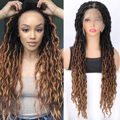 Ombre Faux Locs Wig with Baby Hair Square Part Full Lace Synthetic Braided Lace Front Wig Knotless Braided Wig with Curly Ends