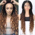 Ombre Faux Locs Wig with Baby Hair Square Part Full Lace Synthetic Braided Lace Front Wig Knotless Braided Wig with Curly Ends