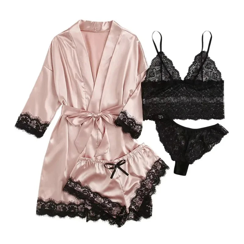 /Set Lace Satin Pajama with Robe - Cami Top & Shorts | SAMAG