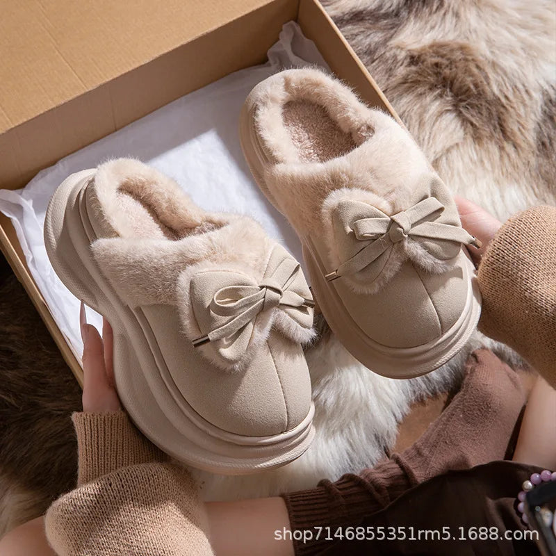 Winter Women's Bow Slippers Home Casual Plush Luxury Designer Woman Shoes Wedges Platform Fuzzy Fur Slides Fashion Soft Sole