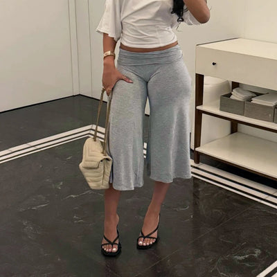 SUCHCUTE Women Fold Over Low Waist Knit Capri Pants Wide | SAMAG