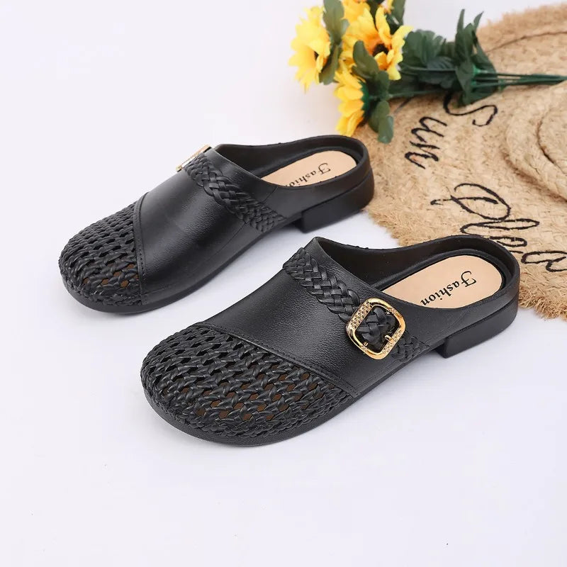 Ladies Hollow Mule Clogs Decorative Square Buckle Low Heel Slides Lightweight PU Non Slip Walking Casual Shoes for All Seasons