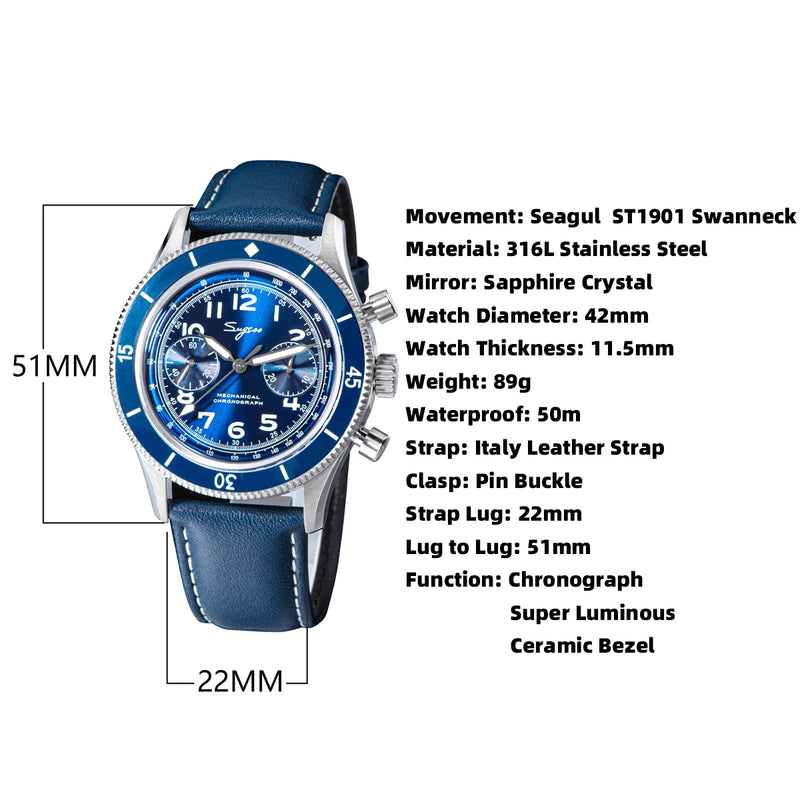 Sugess Watch 1963 Men Watches ST1901 Chronograph Luminous Mechanical Wristwatches Waterproof Crystal - Visuel 6 | SAMAG
