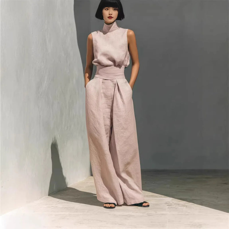 2026 Sleeveless Top+Wide Leg Pants Summer Casual Two-Piece Set Elegant And Loose Office Set High Street Pocket Women's Suits
