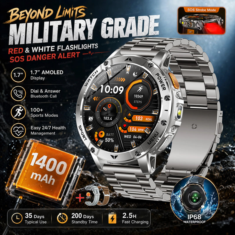 2026 New Military TANK 1400mAh Battery Smart Watch IP68 Waterproof LED Flashlight Heart Rate Sports tracker SOS Smart Watch Men