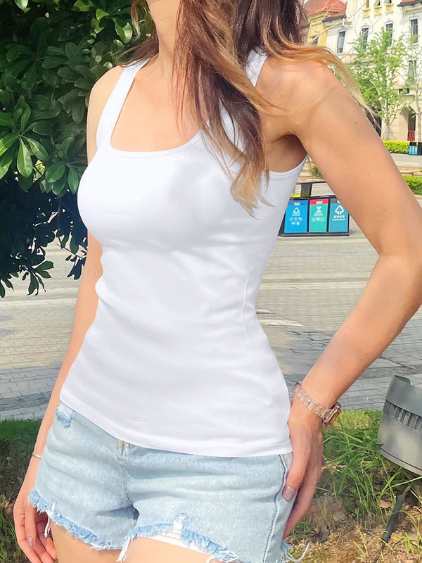 Hot Sale Summer Women's Basic Elastic Tank Top Sleeveless Square Collar Vest T-shirt Fashion Fitness Yoga Women's Casual Top