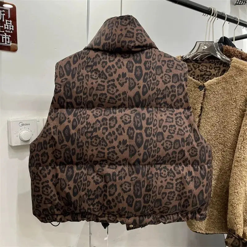 Leopard Women's Autumn Winter Sleeveless Parkas Jacket 2025 Woman Mandarin Collar Cotton Padded Vest Korean Style Waistcoat