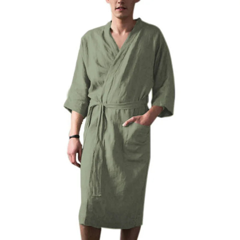 2026 Spring Autumn Men's Nightgown Cotton and Linen Robes Kimono Medium and Long Nightgown Homewear Bath Steamed Clothes Male