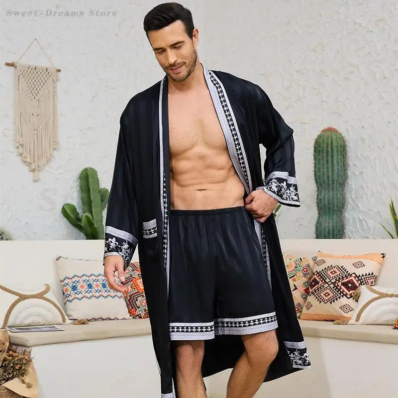 Men's Long Robe Pajamas Set Baroque Style Bathrobe Kimono Shorts Pijamas Spring Summer Sleepwear Home Clothes Satin Loungewear