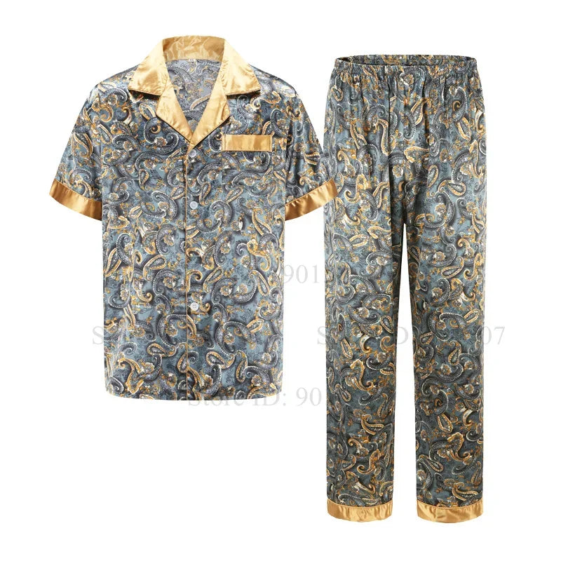 Ice Silk Robe Loose Nightwear Loungewear Male Casual Home Clothes Print Shirt&pants Summer Autumn New Bathrobe with Pocket