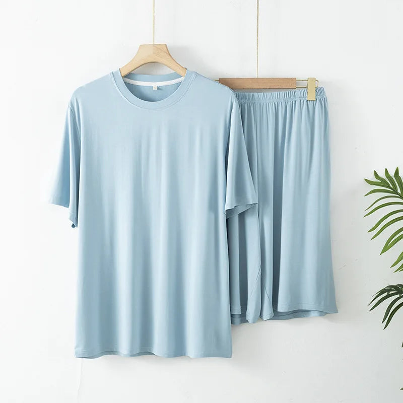 2pcs Men's Pajama Set Minimalist Solid Style Bamboo Fiber Fabric Short Sleeve Shorts Lightweight Soft Breathable Loungewear Set