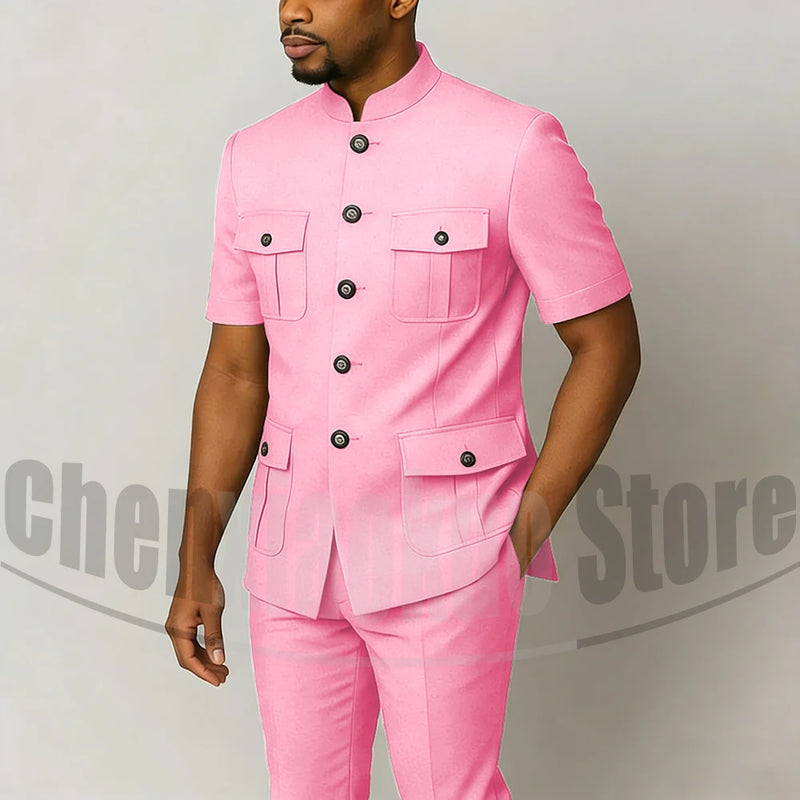 Men's Grey Mandarin Collar Suit Set Short Sleeves Multi-Pocket Jacket and Trousers Fashion Formal Smart Casual Wedding Suits