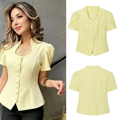 Women V Neck Puff Sleeve Cropped Blouse Button Slim | SAMAG